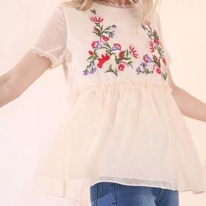 Umgee Peplum Embroidered Floral Blouse Babydoll